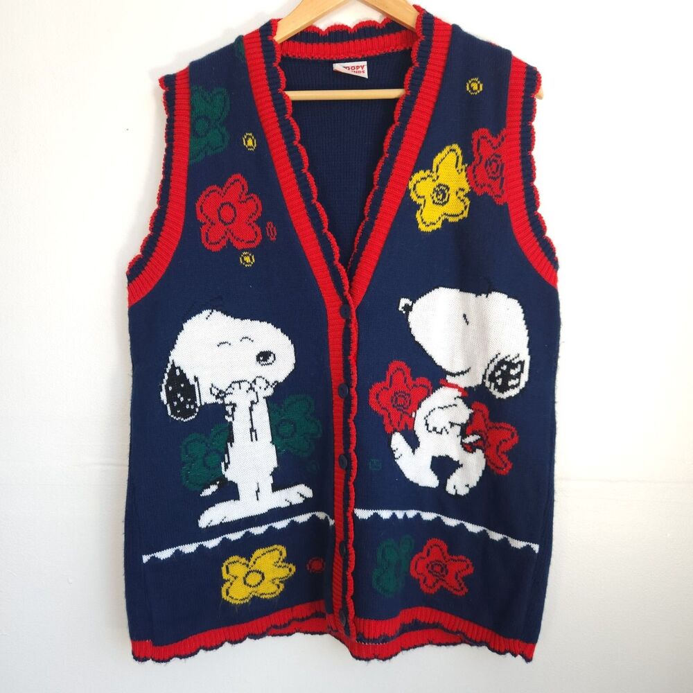Vintage Snoopy & Friends Peanuts Sweater Vest Women's M Floral Knit Cardigan 90s - Picture 2 of 9